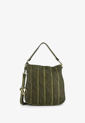 Sac à main en toile vert olive avec un motif vertical, doté d'une poignée unique et d'une bandoulière ajustable, rehaussé de détails en doré.