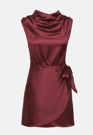 Burgundy satin wrap dress featuring a cowl neckline, sleeveless design, and a tied waist detail. Smooth texture with a draped silhouette.