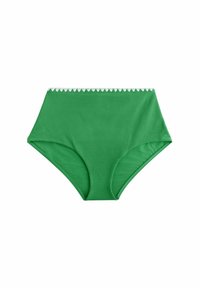 Bikini gaćice viskog struka zelene boje, izrađene od teksturirane tkanine, s bijelim valovitim rubom duž ivice struka i glatkim otvorima za noge.