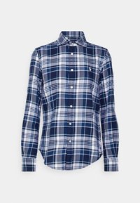 Marinblå och vit rutigt långärmad skjorta med krage och liten broderad logotyp på vänster bröst.