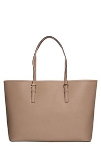 Beige schoudertas met twee schouderbanden, een gestructureerd oppervlak, rechthoekige vorm en subtiele hardwareaccenten op de banden.