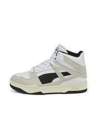 Baskets montantes avec un dessus en cuir blanc, des accents en daim beige, un logo noir et une semelle noire. Dotées d'un système de laçage et de découpes sur les côtés.