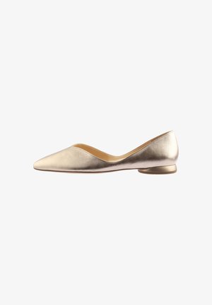 Metallic gold flat shoe with a pointed toe, sleek design, low heel, and smooth texture. Side opening enhances the modern silhouette.