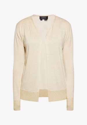 Light beige cardigan made of soft knit fabric, featuring a V-neck, open front, and glittery accents at the cuffs and hem.