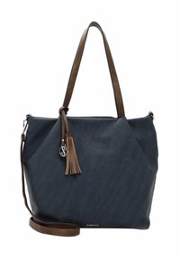 Dark blue tote bag with a smooth texture, brown leather handles, a tassel accent, and a detachable shoulder strap.