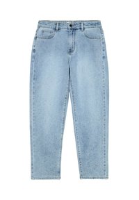 Jeans de denim azul claro con cintura alta, cinco bolsillos, textura sutil y corte de pierna recta. Presentan un cierre de botón y cremallera.