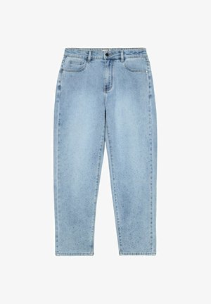 Jeans in denim blu chiaro con vita alta, cinque tasche, texture sottile e gamba dritta. Presentano una chiusura con bottone e zip.