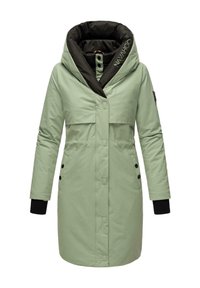 Light green waterproof parka with a black hood, featuring a high collar, front pockets, and a button closure. Black cuffs and branding detail included.