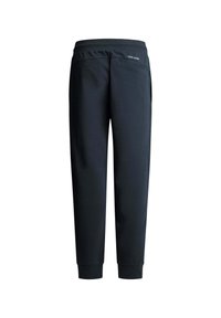 Pantalones de chándal negros con un diseño ajustado, cintura elástica y puños acanalados. Presenta un bolsillo trasero y un pequeño logo cerca de la cintura.