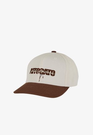Beige cap with a brown visor and top button. Features a brown embroidered logo on the front. Made of fabric with a smooth texture.