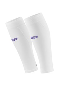 White compression sleeves with ribbed texture, featuring purple logo detail. Designed to fit snugly around the arm for support.