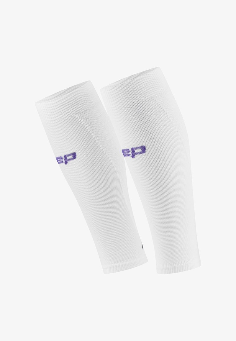 White compression sleeves with ribbed texture, featuring purple logo detail. Designed to fit snugly around the arm for support.