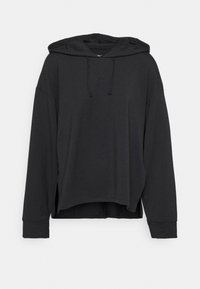Czarna hoodie z luźnym krojem, posiadająca kaptur ze sznurkiem, długie rękawy i boczne rozcięcia. Wykonana z miękkiego materiału, o minimalistycznym wzorze.