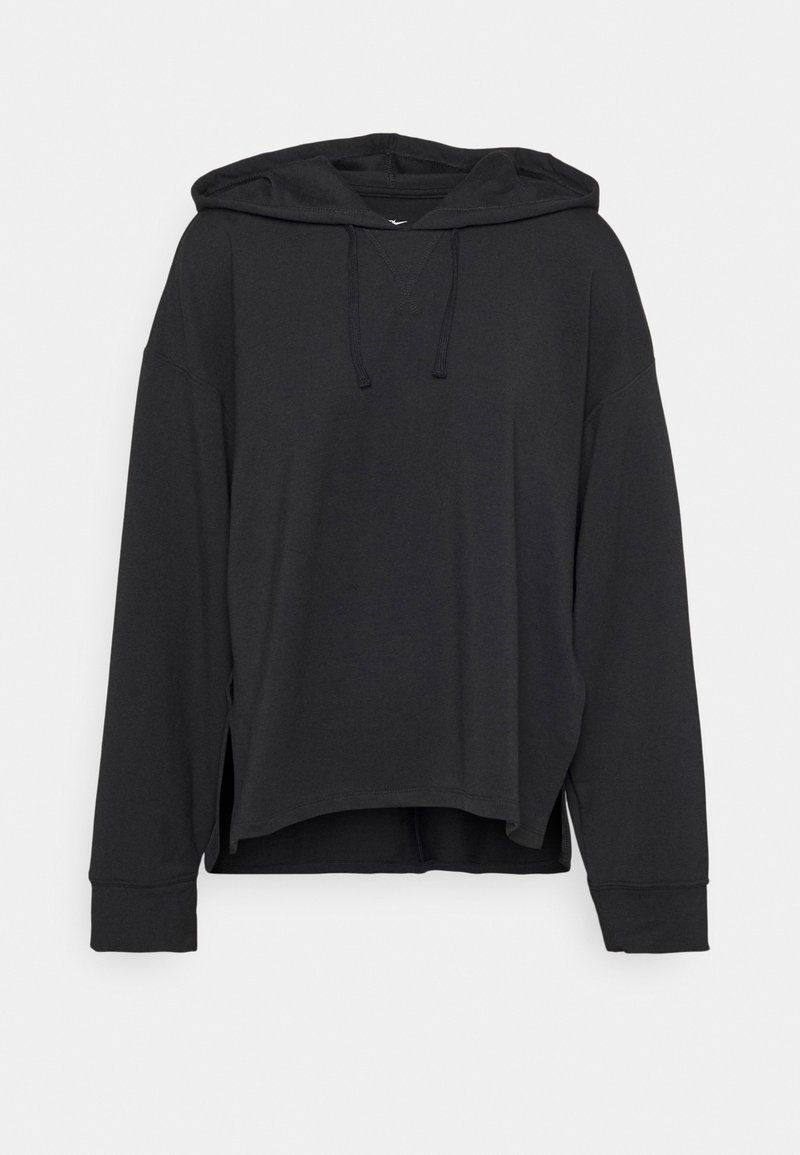 Czarna hoodie z luźnym krojem, posiadająca kaptur ze sznurkiem, długie rękawy i boczne rozcięcia. Wykonana z miękkiego materiału, o minimalistycznym wzorze.