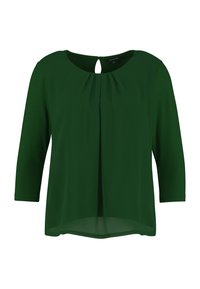 Blusa verde scuro con maniche a tre quarti e scollatura a chiave, caratterizzata da morbide pieghe sul davanti.