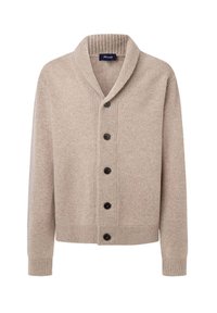 Beżowy sweter z dzianiny z kołnierzem szalowym, z sześcioma ciemnymi guzikami, ściągaczami na mankietach oraz teksturowanym wykończeniem.