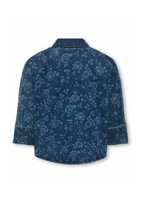 Temna modra denim srajca z cvetnim vzorcem v svetlejših odtenkih modre. Klasičen ovratnik in dolgi rokavi z zaobljenim robom.