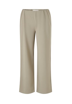 Beżowe spodnie o szerokich nogawkach z elastycznym pasem. Gładki, lekki materiał bez widocznych szwów ani wzorów. Prosty krój.