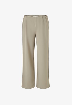 Beige broek met brede pijpen en een elastische tailleband. Glad, lichtgewicht stof zonder zichtbare naden of patronen. Rechte silhouet.