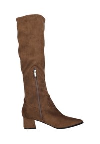 Bruine suede kniehoge laars met een spitse neus en een blokhak. Voorzien van een zijrits en een gladde, gestructureerde afwerking.