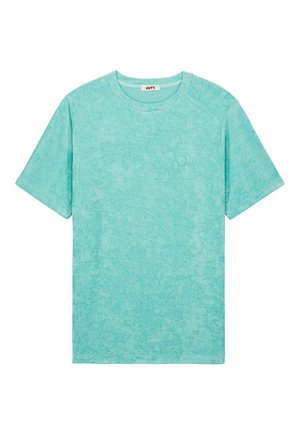 Turquoise short-sleeve T-shirt made of soft material with a subtle texture. Features a round neckline and a small logo on the chest.