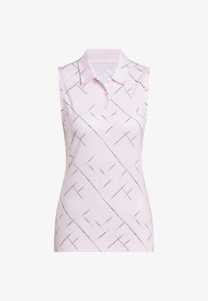 Chemise polo sans manches de couleur rose avec un col, ornée d'un motif géométrique de lignes navy sur un tissu texturé. Patte de boutonnage à trois boutons.
