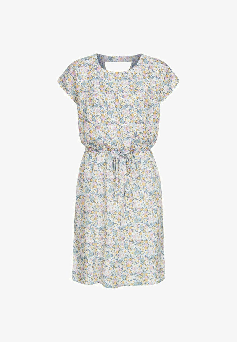 Blumenmusterkleid mit Cap-Ärmeln, auf einem hellblauen Hintergrund mit gelben, pinken und grünen Mustern. Detail mit Kordelzug an der Taille.