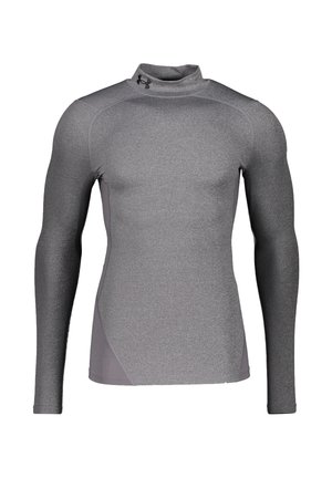 Harmaa pitkähihainen urheilupaita, jossa on mock neck -kaulus. Valmistettu sileästä, joustavasta kankaasta, joka on muotoiltu istuvaksi ja sisältää hienovaraisia värivaihteluita sivuilla.