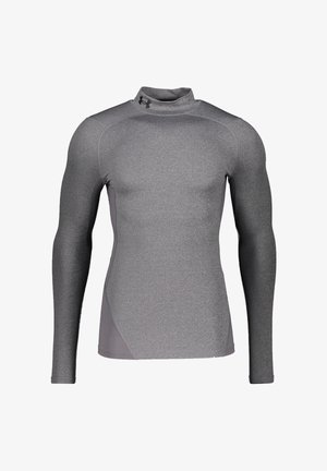 Graues langärmliges Sportoberteil mit Stehkragen. Hergestellt aus glattem, dehnbarem Material mit figurbetonendem Design und subtilen Farbverläufen an den Seiten.