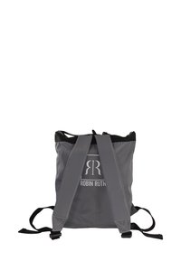 Gray backpack with two black shoulder straps, featuring a logo on the front and a drawstring closure at the top. Lightweight, durable material.
