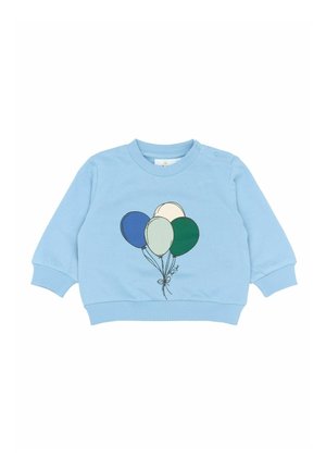 Błękitny sweatshirt z grafiką pięciu balonów w kolorach niebieskim, zielonym i kremowym, z ribbowlanymi mankietami i dolnym brzegiem.