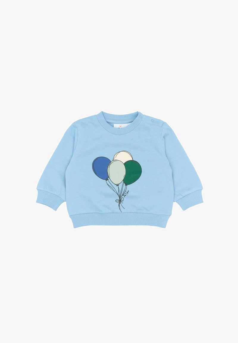 Felpa azzurra chiara con grafica di cinque palloncini nei colori blu, verde e crema, con polsini e orlo a costine.