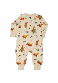 Krämfärgad sparkdräkt med lekfulla illustrationer av kor och djur, med ribbade ärmar och elastisk midja för en bekväm passform.