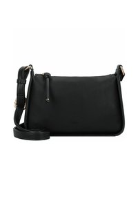 Bolso de hombro de cuero negro con una textura suave, cierre de cremallera y correa ajustable. Presenta un logo sutil en la parte delantera.