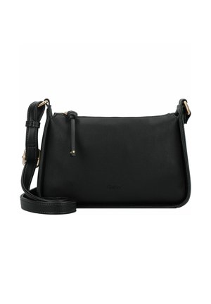 Sac à bandoulière en cuir noir avec une texture lisse, une fermeture éclair et une sangle réglable. Présente un logo discret sur le devant.