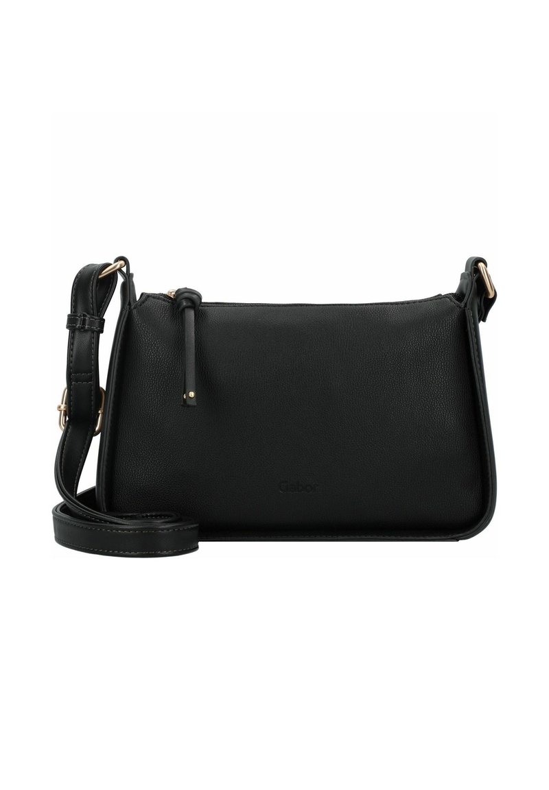 Bolso de hombro de cuero negro con una textura suave, cierre de cremallera y correa ajustable. Presenta un logo sutil en la parte delantera.
