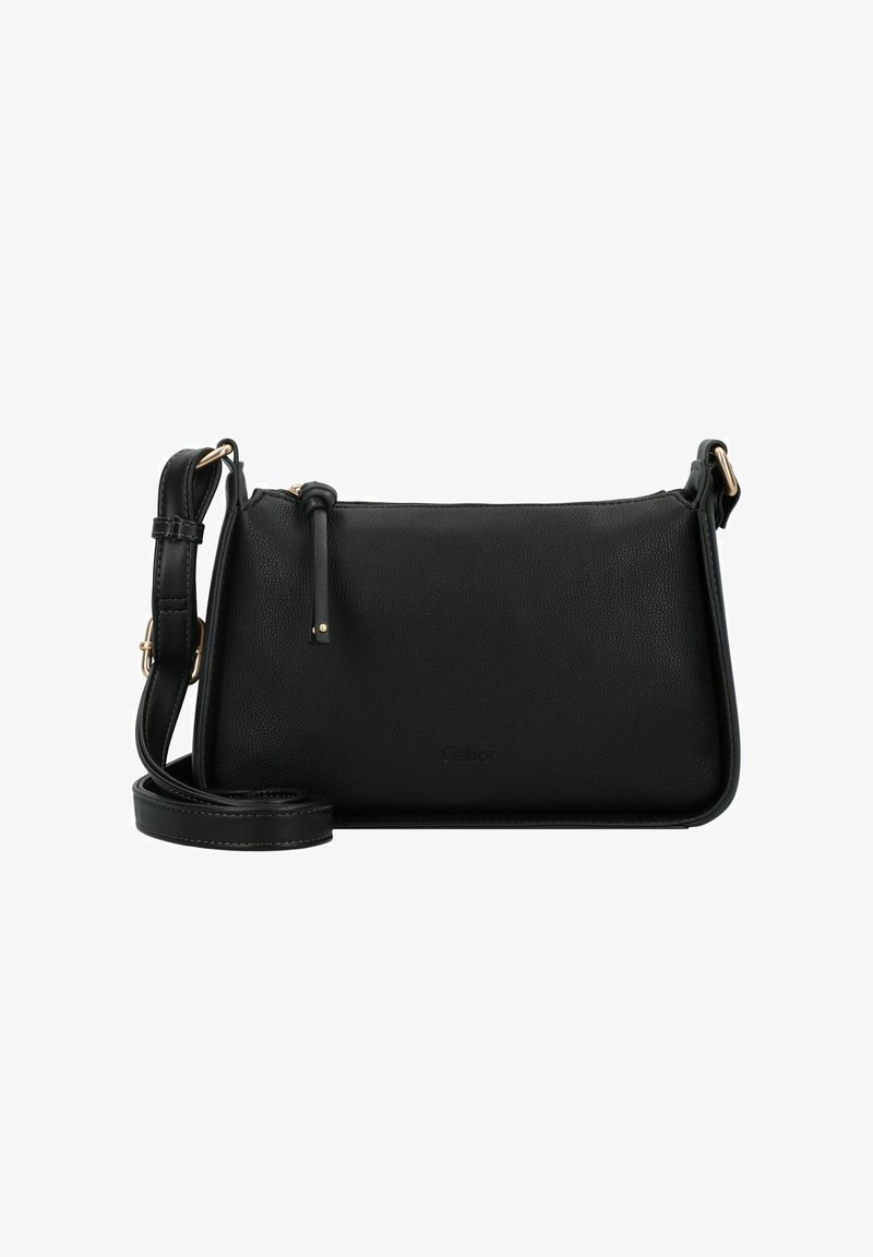 Bolso de hombro de cuero negro con una textura suave, cierre de cremallera y correa ajustable. Presenta un logo sutil en la parte delantera.