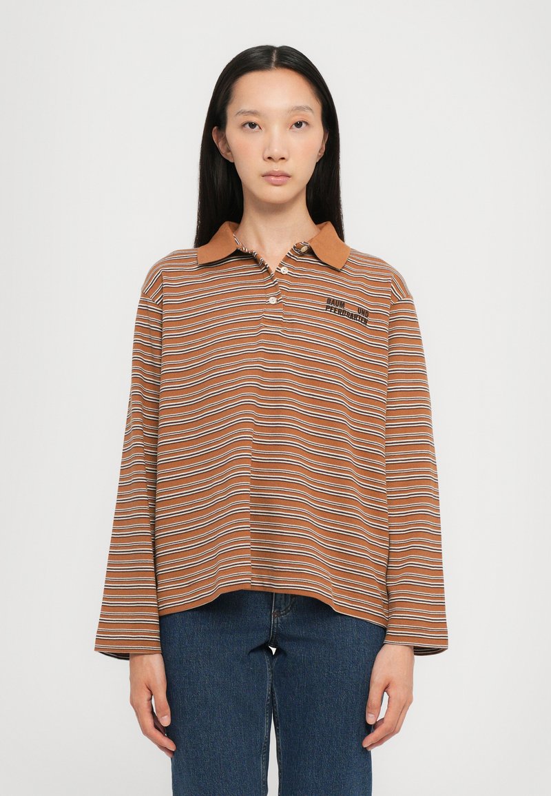 Brown striped polo shirt with orange collar and button placket. Text graphic on left chest. Loose fit with long sleeves and straight hem.