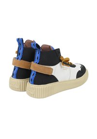 High-top sneakers with a black canvas upper, white leather accents, brown suede strap, blue decorative details, and textured rubber sole.