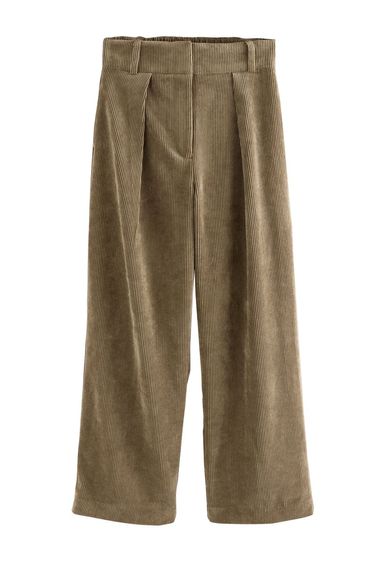 Pantalon large taille haute en velours côtelé kaki avec plis devant et taille élastique.
