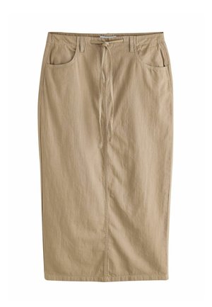 Beiger, knielanger gerader Rock mit Fronttaschen, Gürtelschlaufen und einem Bindeband an der Taille.