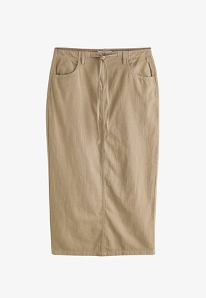 Bézs, térdig érő egyenes szoknya elülső zsebekkel, övhurkokkal és húzózsinórral a deréknál.