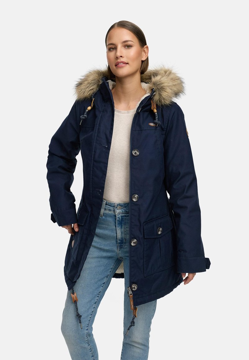 Navy parka with faux fur hood, button front, two front pockets, and drawstring hem. Designed in a waterproof material with warm lining.