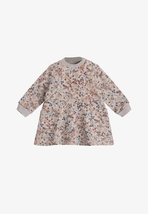 Robe à motifs floraux en tissu léger, avec des manches longues, un col rond et une jupe évasée. Les couleurs comprennent le beige, le rose et le bleu.