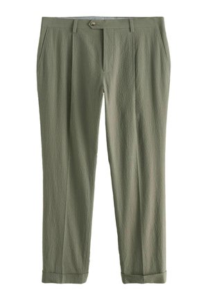 Olivgrüne, strukturierte Hose mit geradem Bein, Knopfverschluss, Gürtelschlaufen, Seitentaschen und umgeschlagenen Säumen.