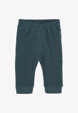 Donkerblauwe peuterbroek met elastische tailleband en geribbelde cuffs, gemaakt van zachte textuurstof.