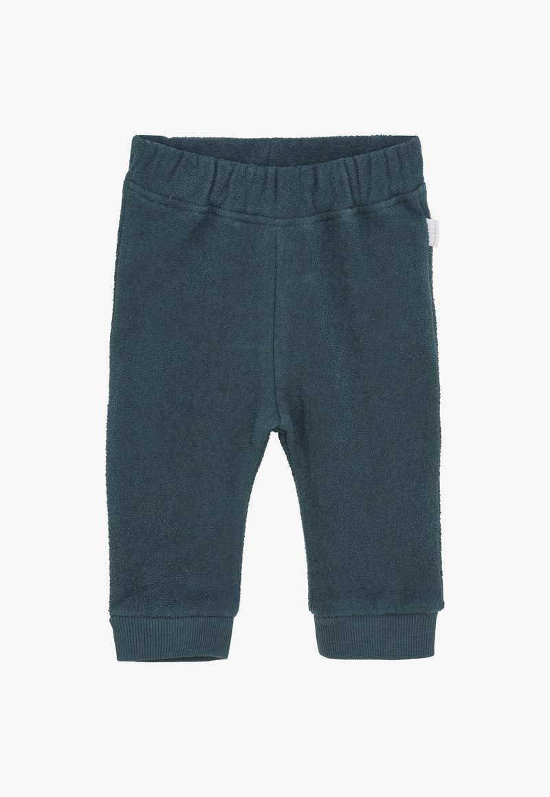 Dunkeltürkise Kleinkinder-Hosen mit elastischem Bund und gerippten Bündchen, aus weichem Strukturstoff gefertigt.