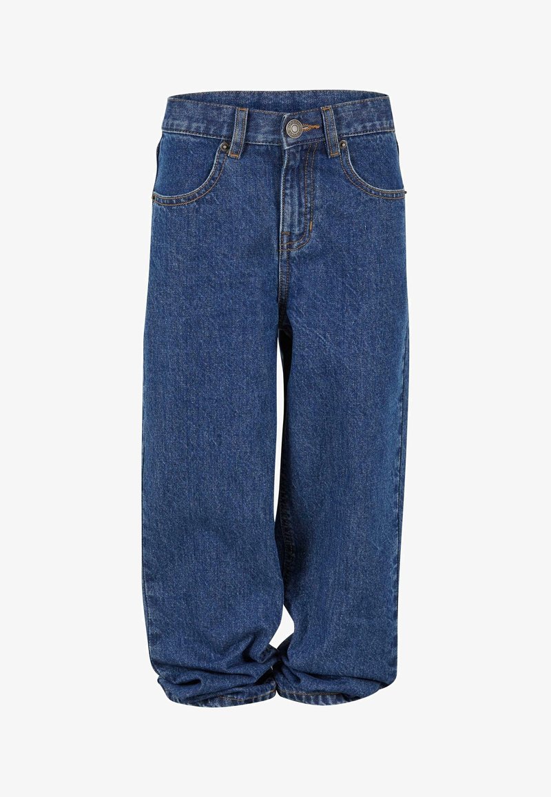 Jeans di denim blu a taglio largo con bottone frontale, chiusura a zip, passanti per cintura e design a cinque tasche.