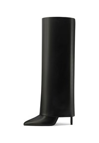 Stivale in pelle nera alto fino al ginocchio con punta affusolata e tacco a stiletto. Texture liscia e design minimalista con un fusto alto e strutturato.