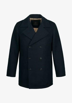 Cappotto navy doppiopetto in lana texture con rever a punta, caratterizzato da bottoni neri e tasche laterali, foderato in un tessuto beige.